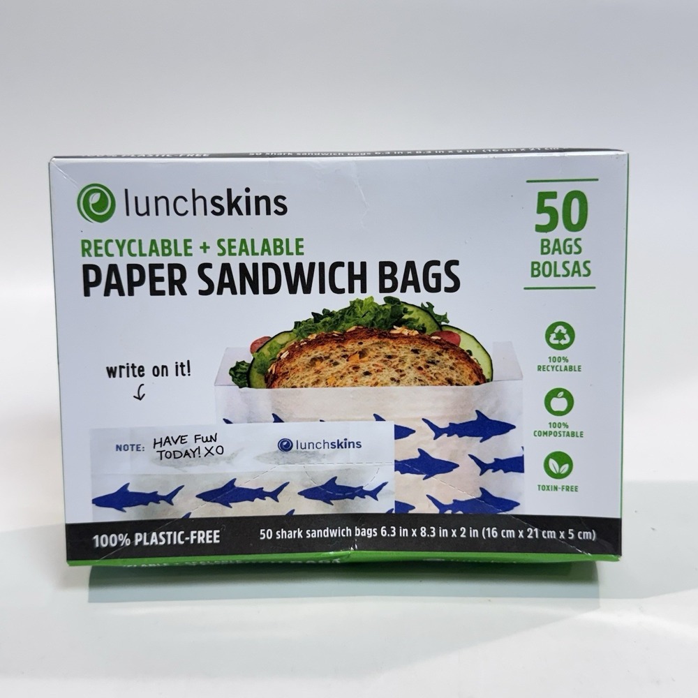 Lunchskins Recyclable + Sealable Shark Pattern Paper Sandwich Bags 50ct New 2016